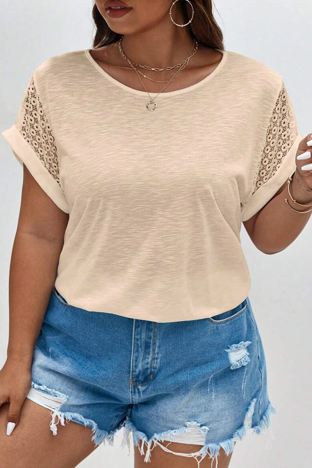 Parchment Lace Patchwork Short Sleeve Round Neck Plus Size Summer Top
