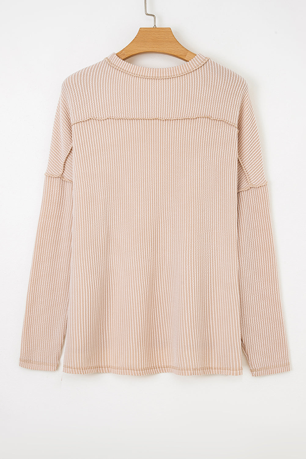 Dark Khaki Twist Ribbed Exposed Seam Detail Long Sleeve Loose Top