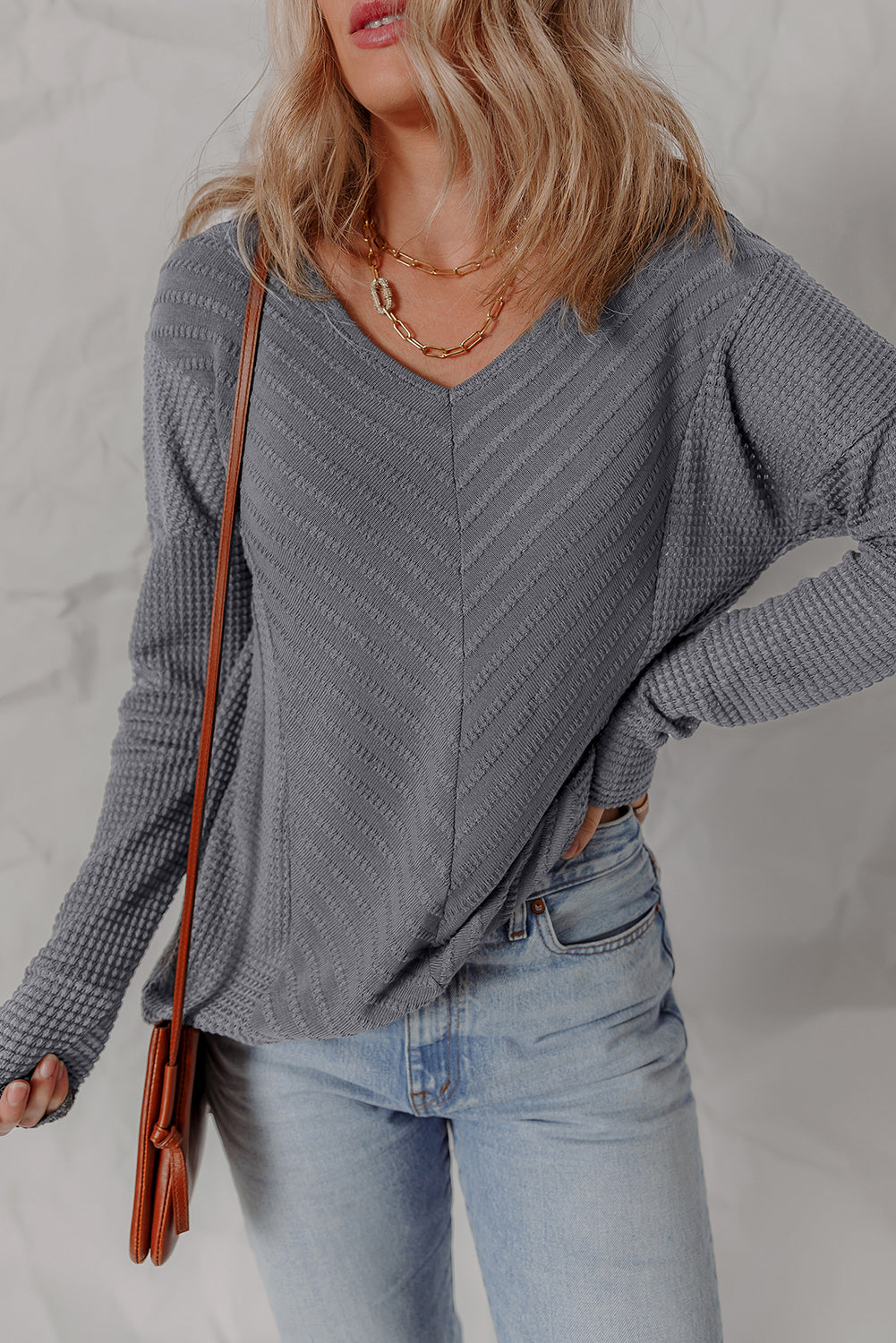 Sleet V Neck Chevron Texture Patchwork Long Sleeve Knit Top