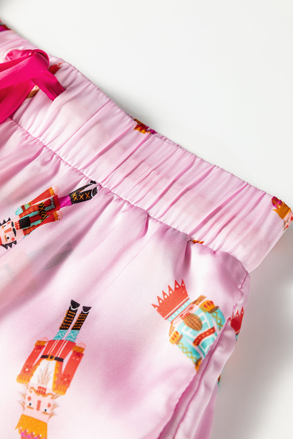 Pink Nutcracker Print Contrast Trim Tied up Bow Silky 2pcs Pajama Set