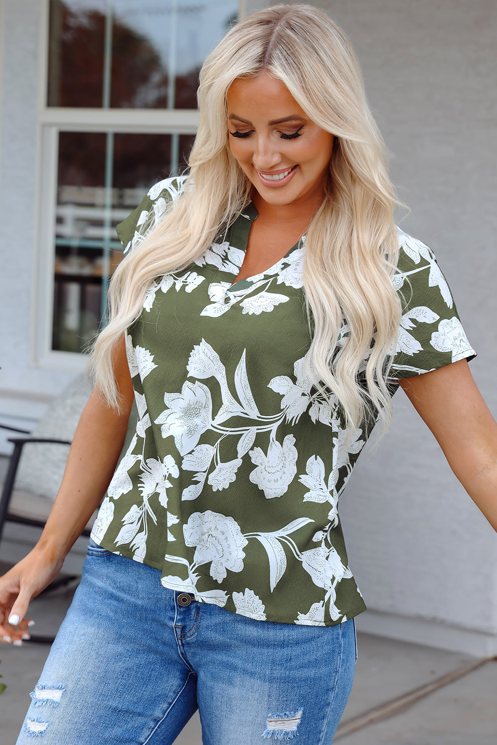 Green Floral Print Split Neck Short Sleeve Blouse