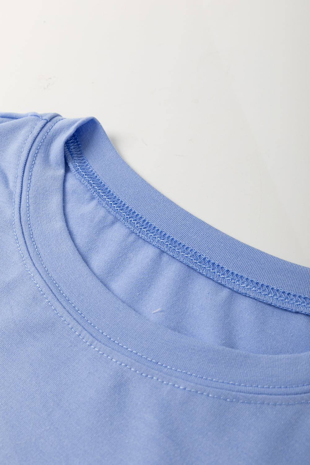 Sky Blue Flower Patched Exposed Stitching Trim Crew Neck Loose Tee