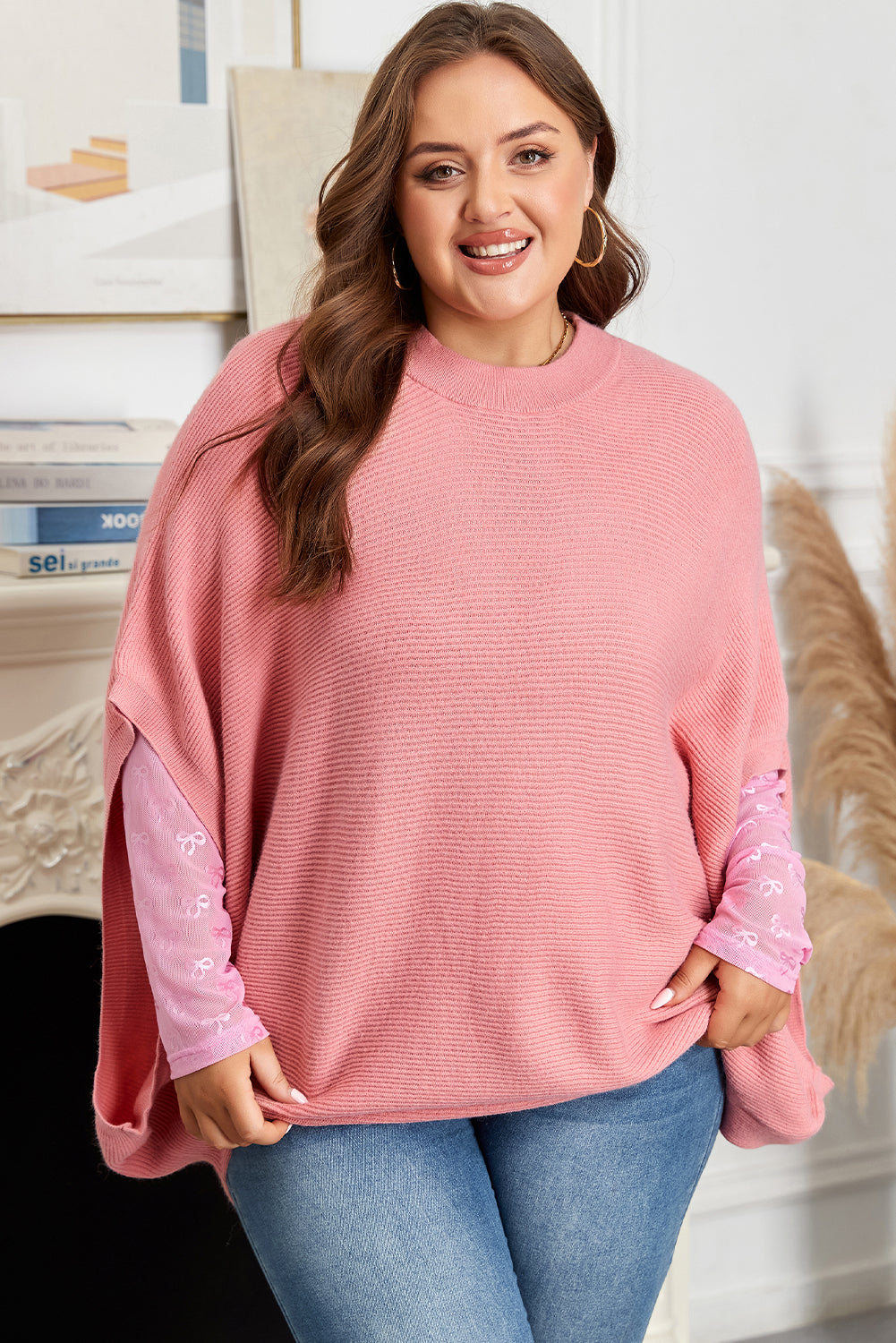 Light Pink Ribbed Knit Half Sleeve Plus Size Poncho Style Sweater