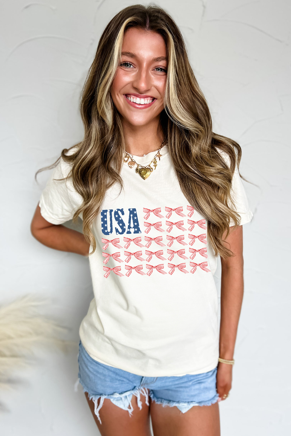 White USA Flag Bow Knot Print Round Neck T Shirt