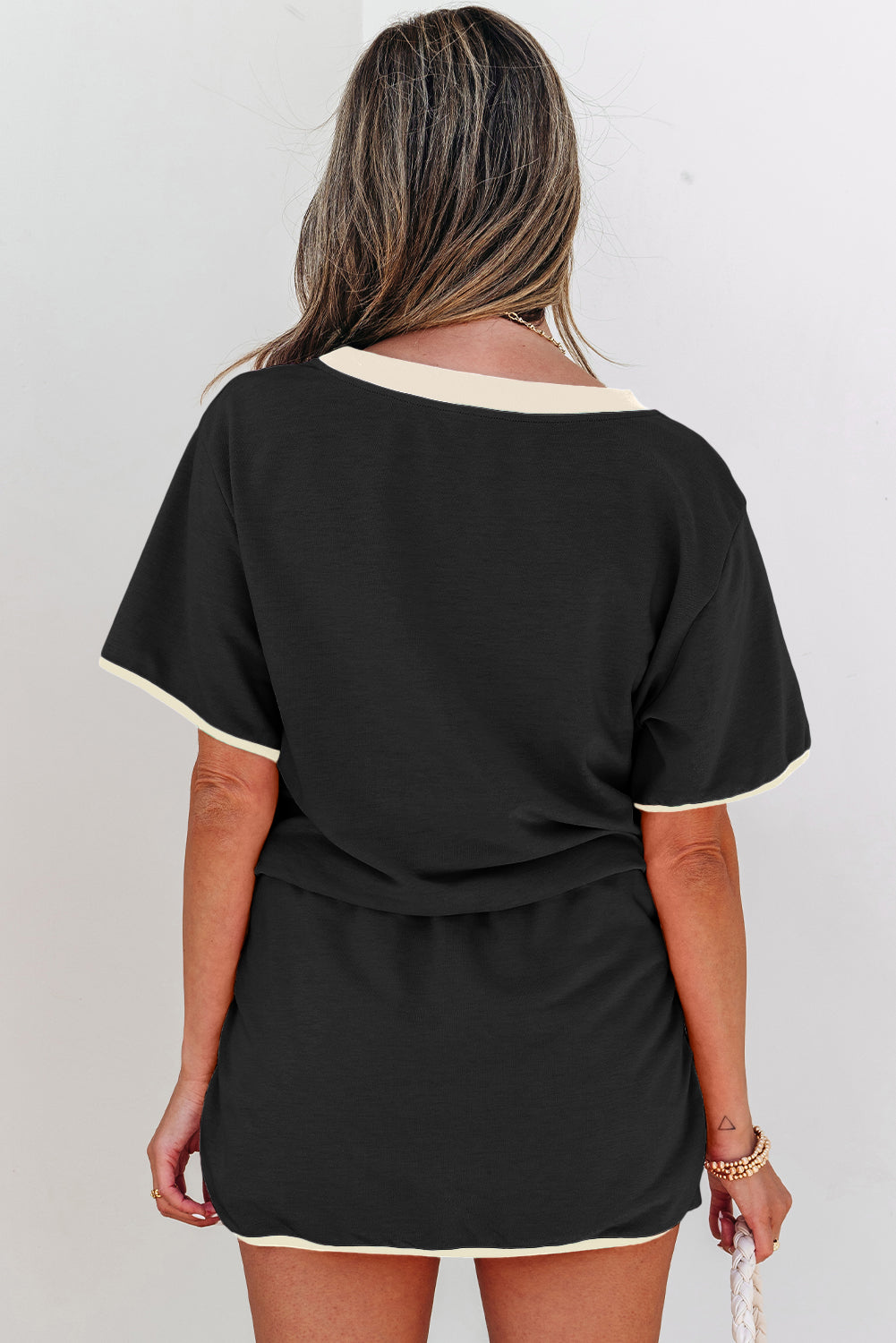 Black Colorblock Edge Drop Shoulder T Shirt and Skort 2Pcs Set