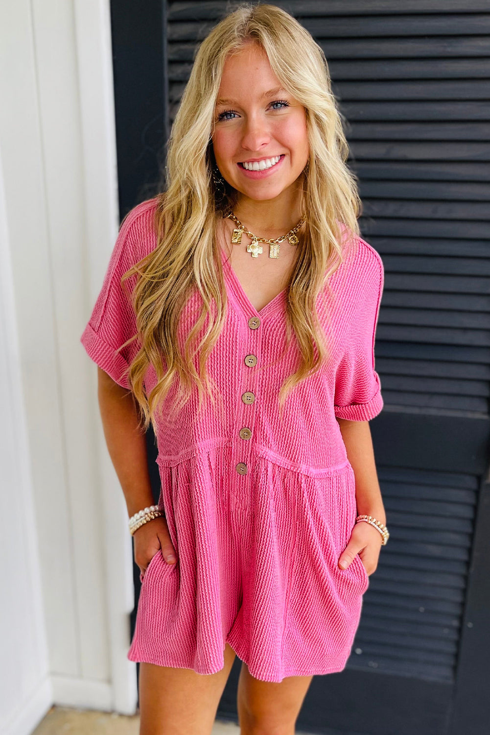Bright Pink Spiral Ribbed Short Sleeve V Neck Buttoned Romper with Pocket