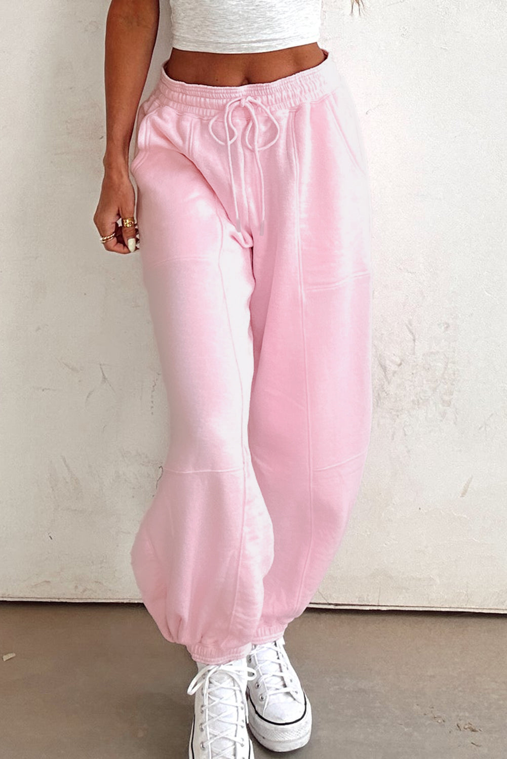Light Pink Drawstring Elastic Waistband Solid Color Jogger Pants