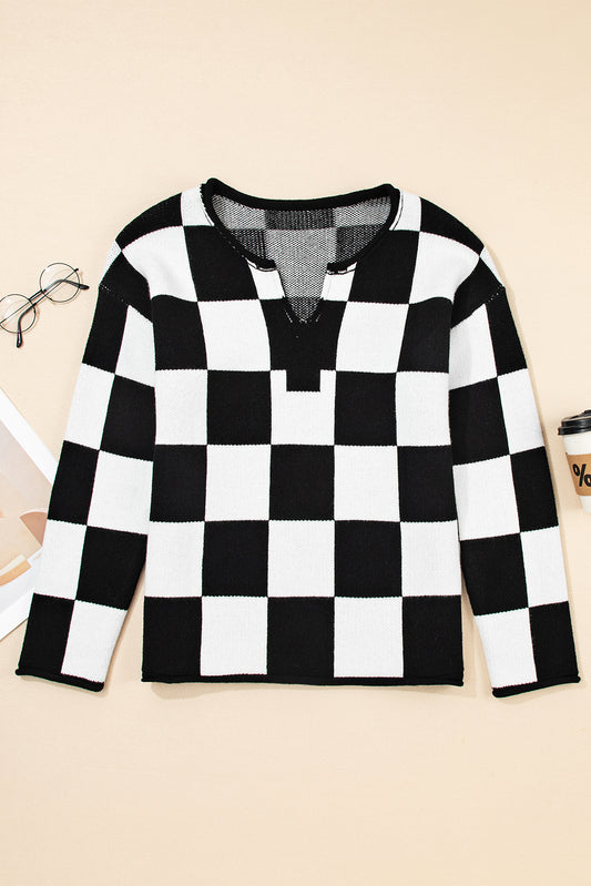 Black Checked Notched Neckline Drop Shoulder Knit Sweater