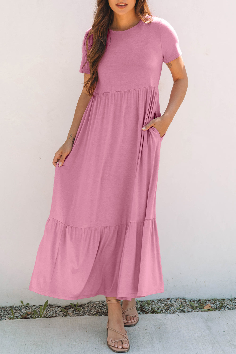 Pink Solid Color T-shirt High Waist Pocketed Long Dress