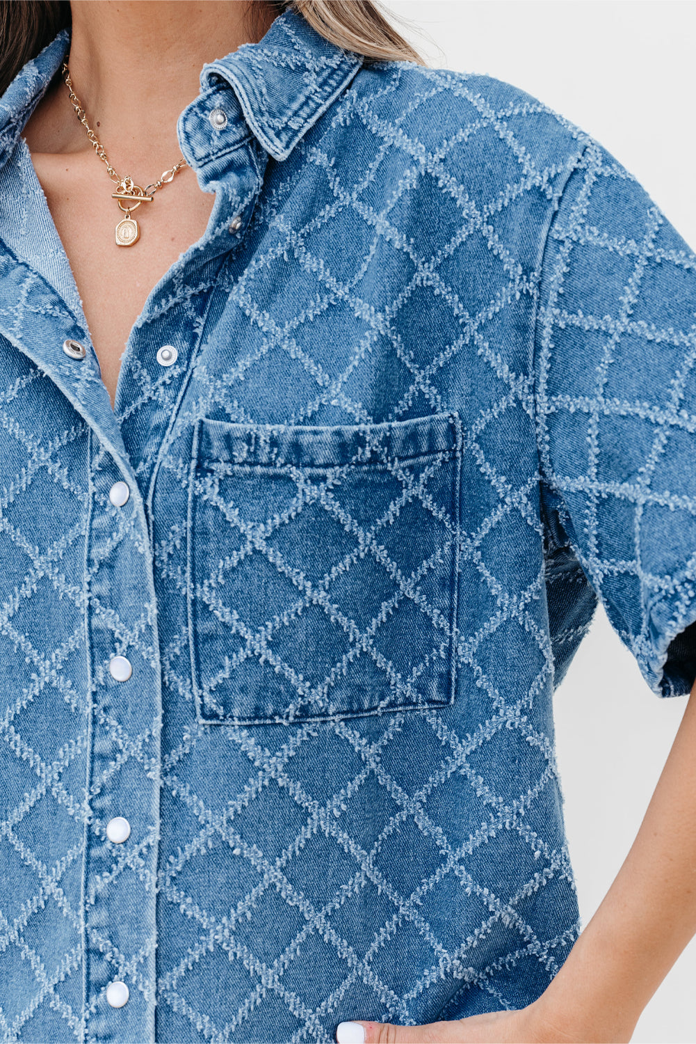 Dusk Blue Checkered Textured Short Sleeve Patched Pocket Denim Shirt