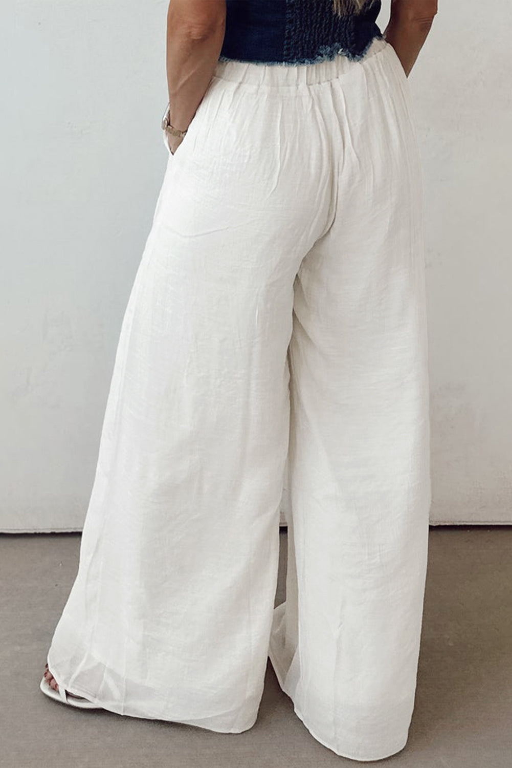 White Solid Drop Waist Pleated Wide Leg Casual Pants