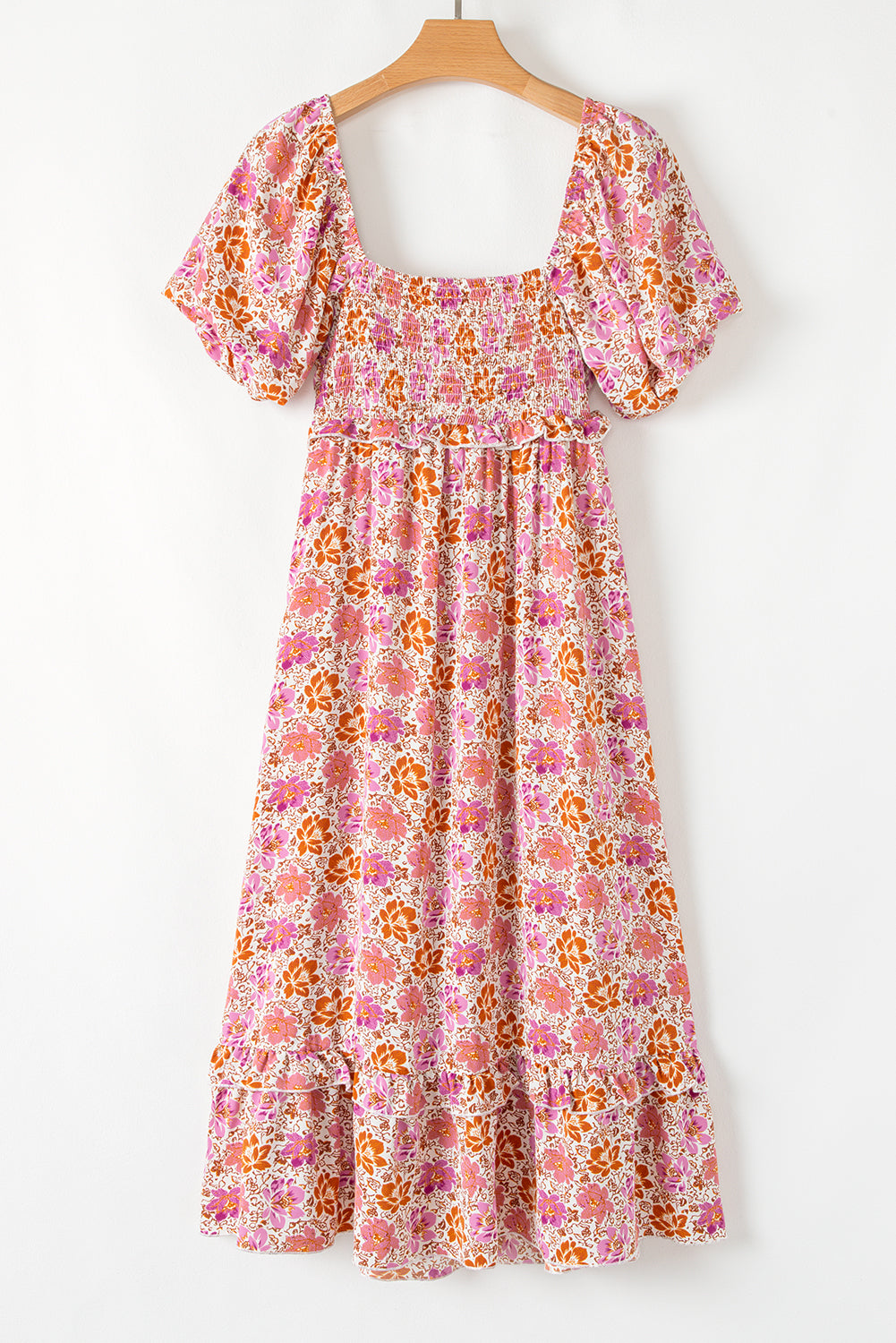 Pink Floral Square Neck Knotted Ruffle Midi Dress