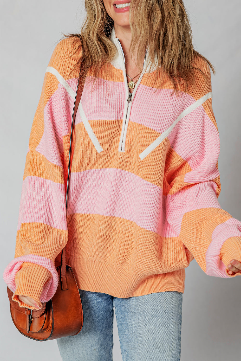 Orange Stripe Colorblock Half Zip Oversize Sweater