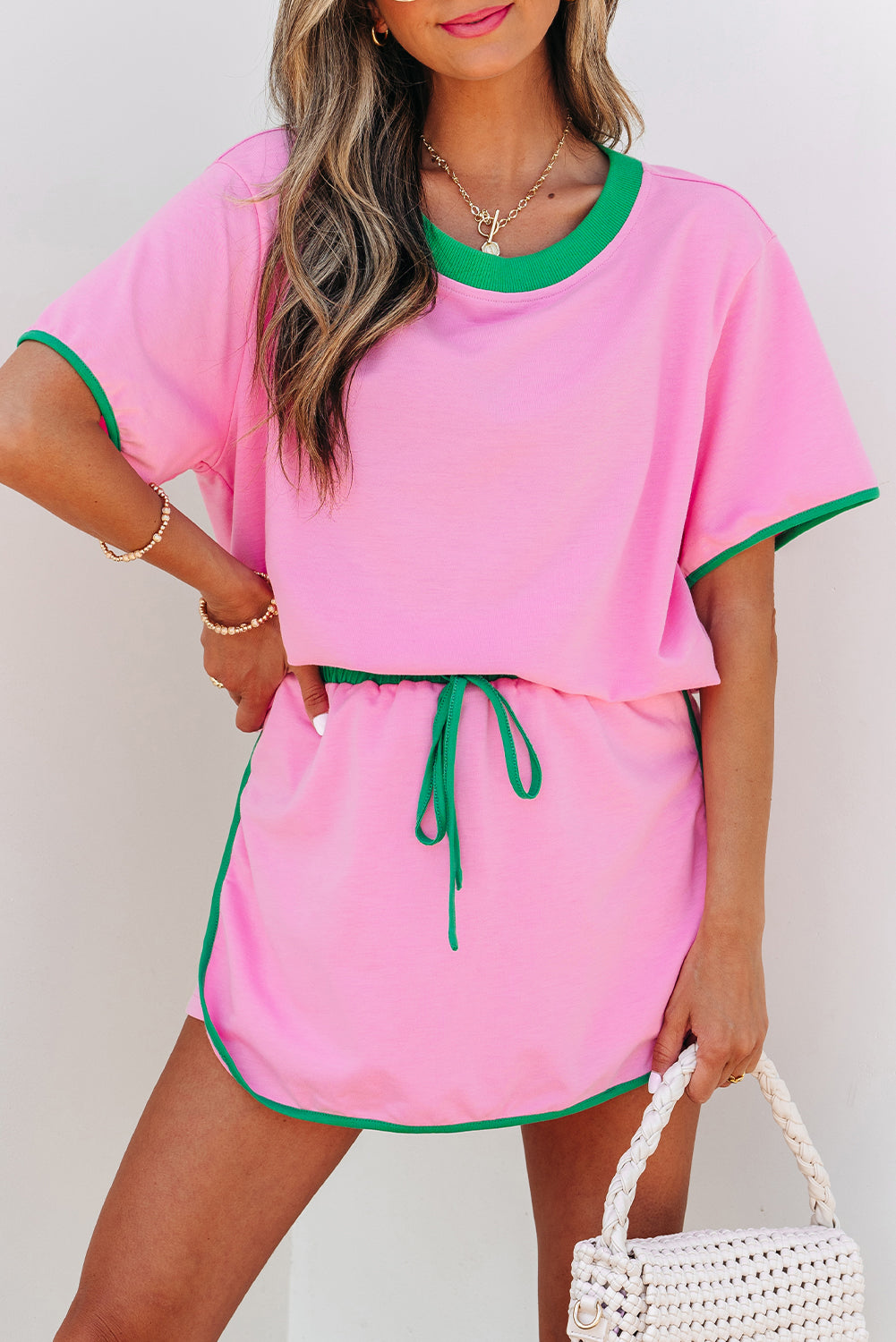 Bonbon Colorblock Edge Drop Shoulder T Shirt and Skort 2Pcs Set