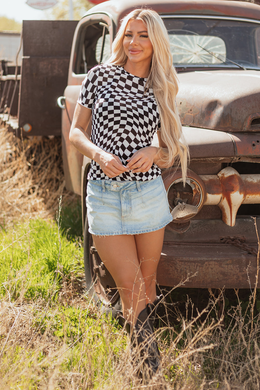 Black Checker Mesh Crew Neck T Shirt