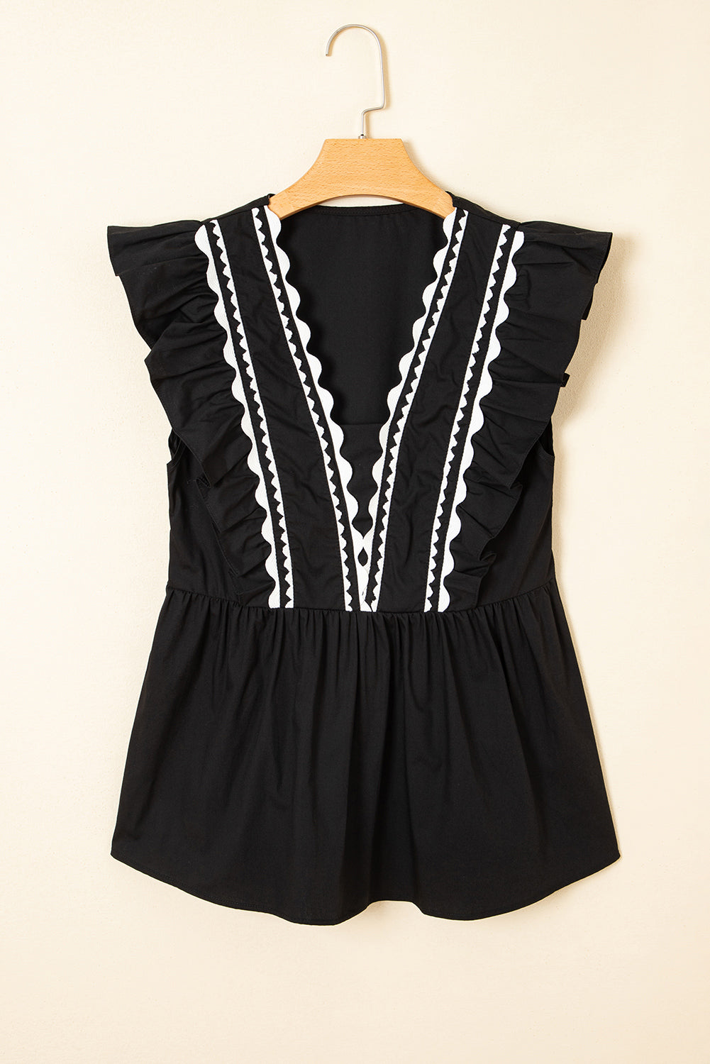 Black Contrast Ricrac Trim Ruffled V Neck Peplum Top