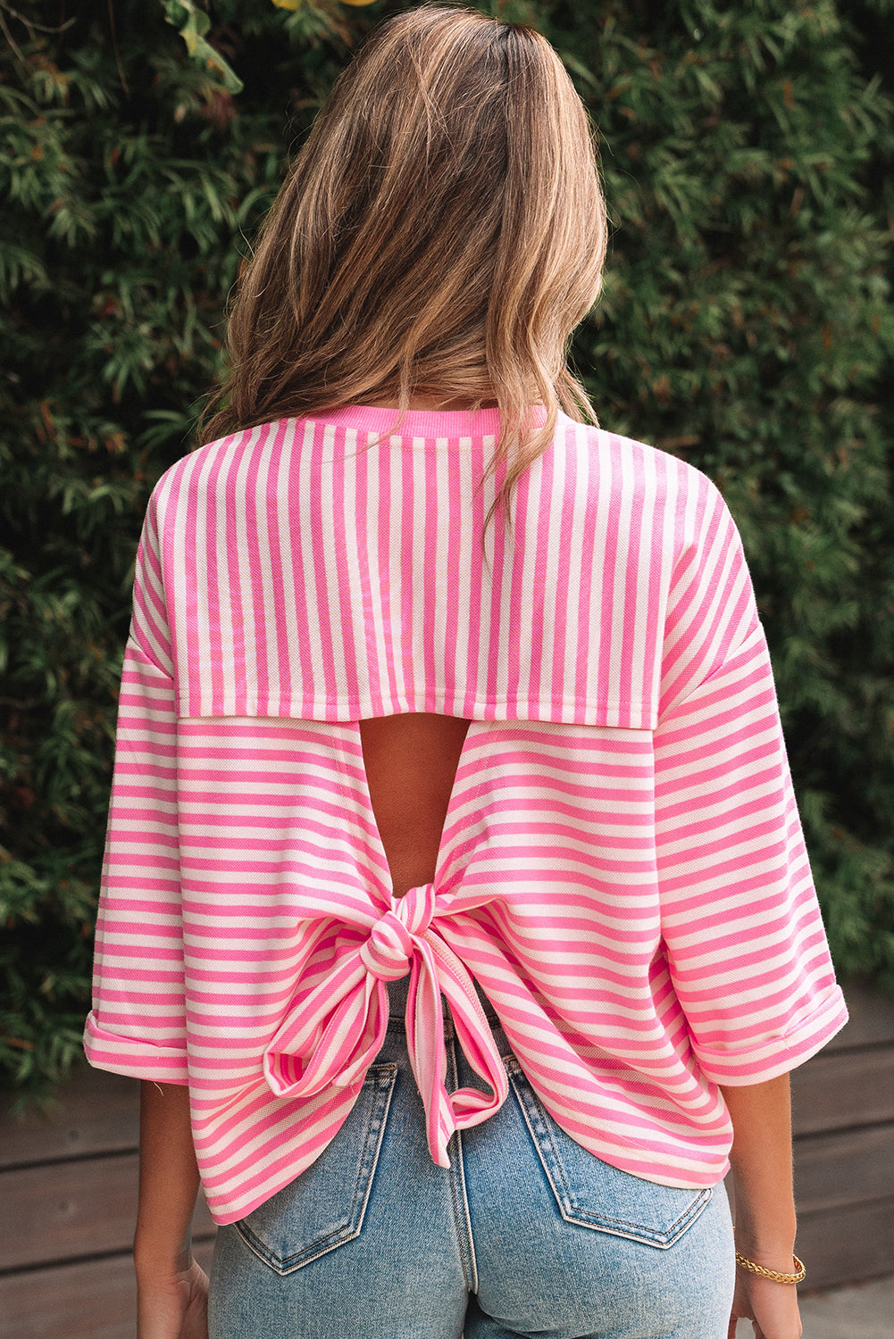 Pink Stripe Bowknot Cutout Back Drop Shoulder Wide Bracelet Sleeve Loose Tee