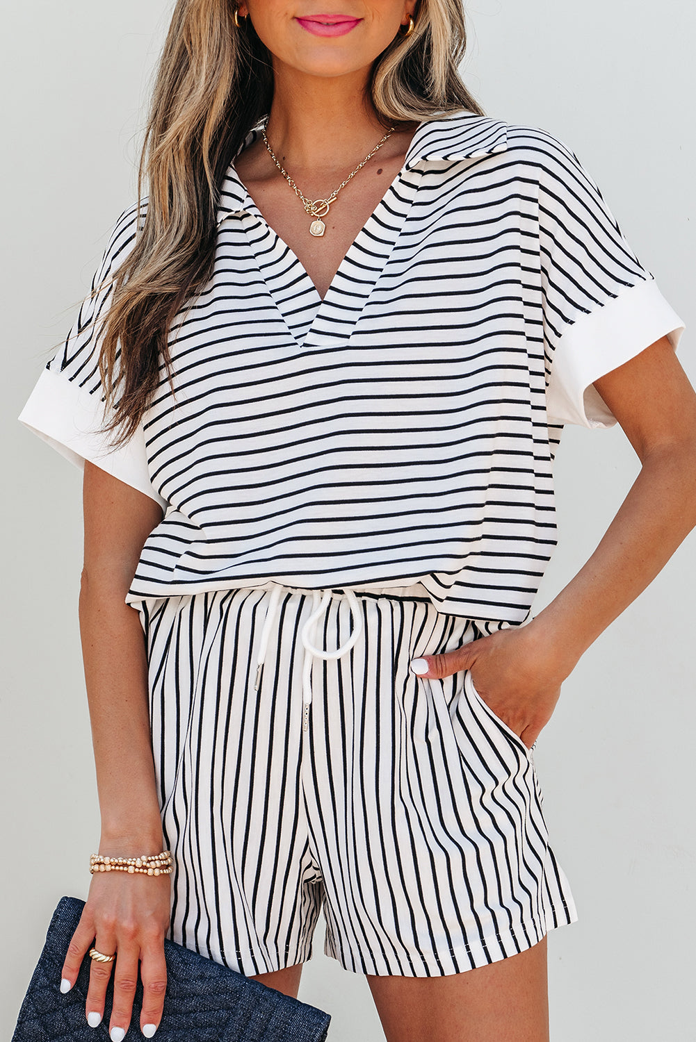 Black Stripe V Neck Tee and Casual Short Set