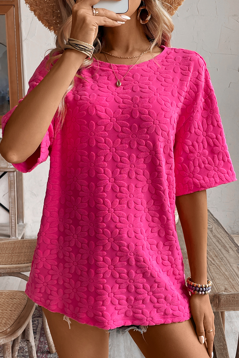 Rose Red Daisy Flower Jacquard Half Sleeve T Shirt