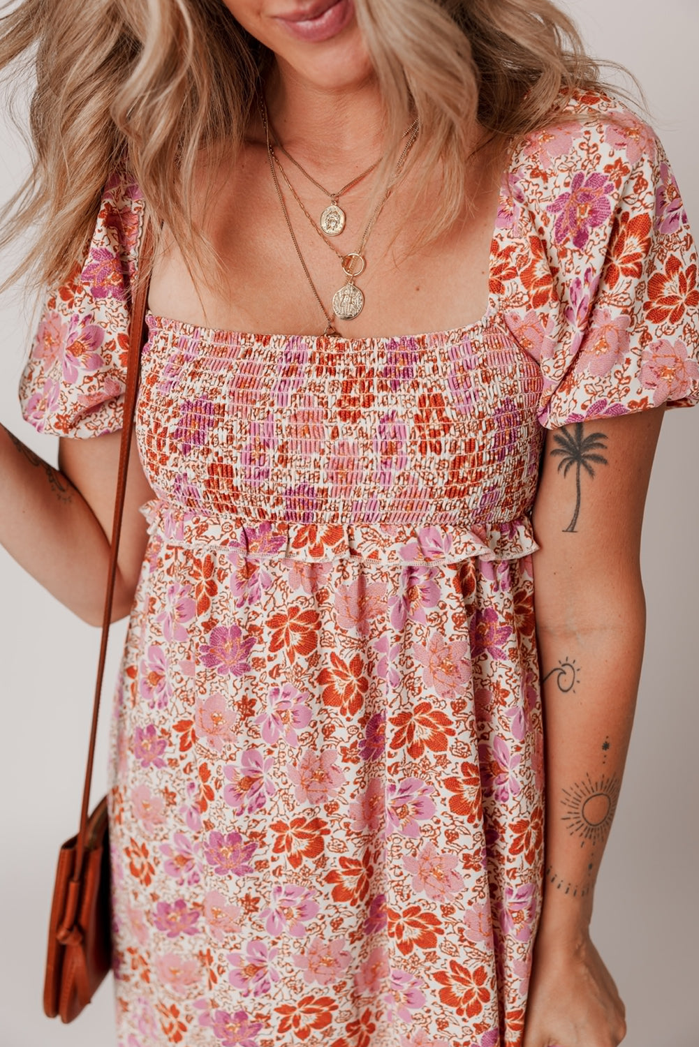 Pink Floral Square Neck Knotted Ruffle Midi Dress