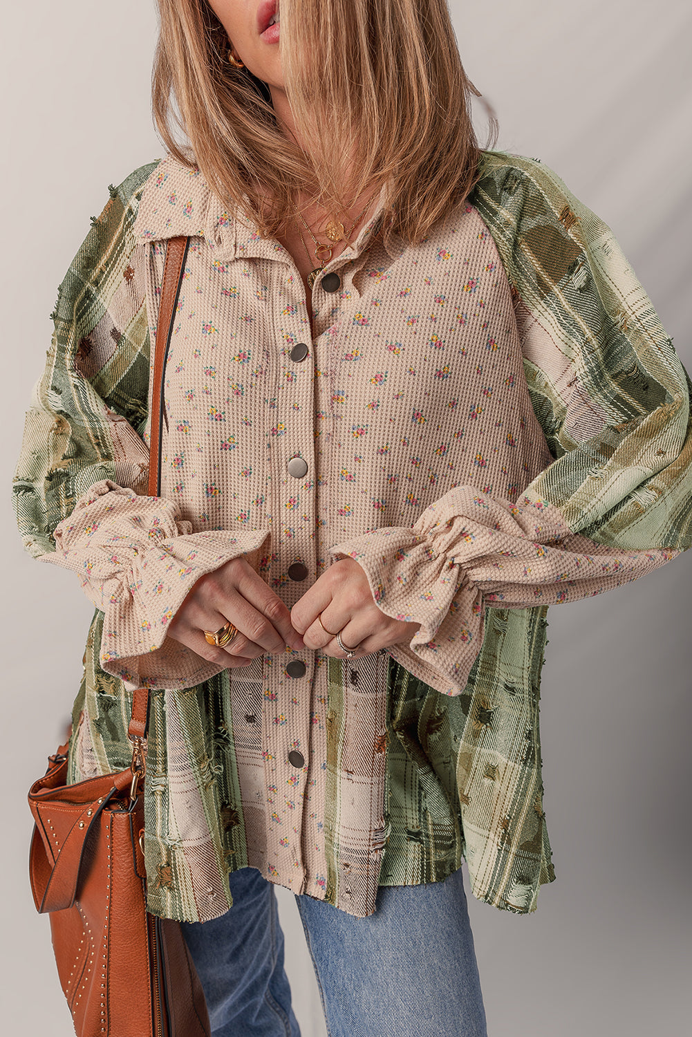 Mist Green Boho Floral Plaid Patchwork Distressed Detail Ruffled Sleeve Waffle Knit Shacket