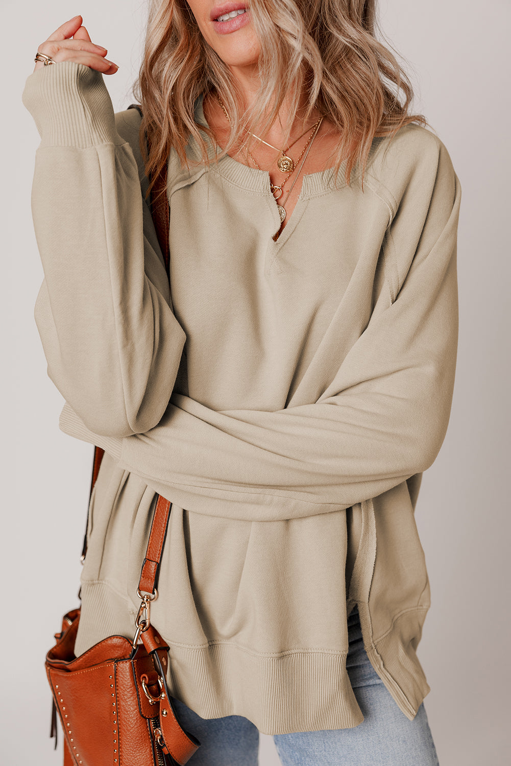 Parchment Raw Edge Exposed Seam Raglan Sleeve Side Slit Sweatshirt