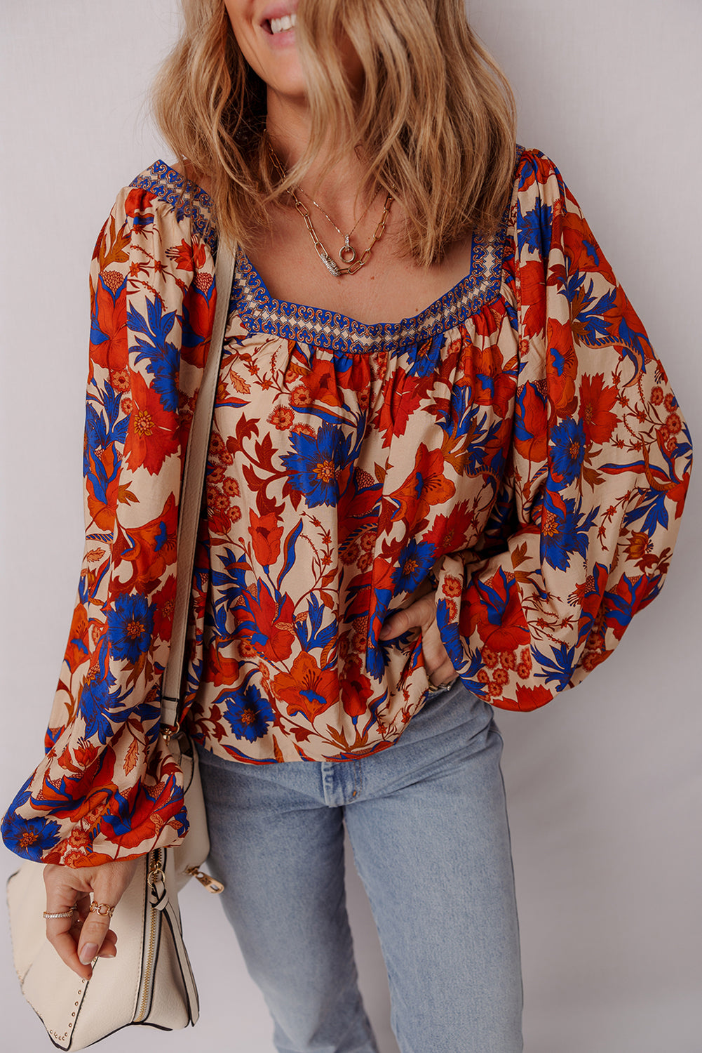 Multicolour Floral Print Square Neck Backless Loose Fit Blouse