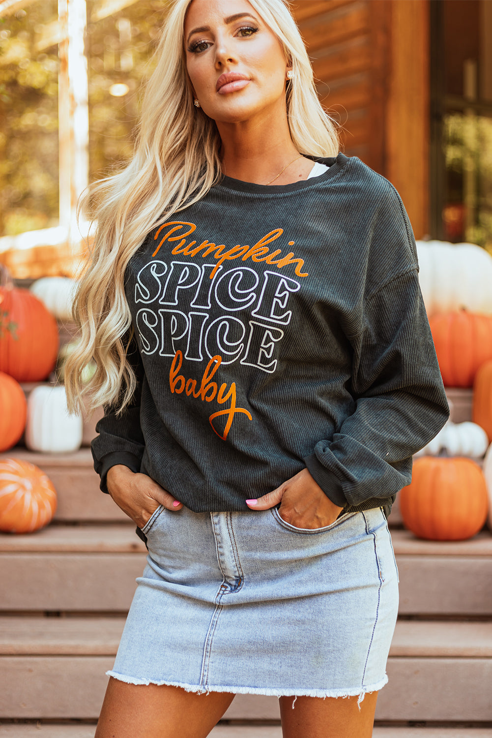 Dark Grey Pumpkin Spice Baby Graphic Textured Sweatshirt