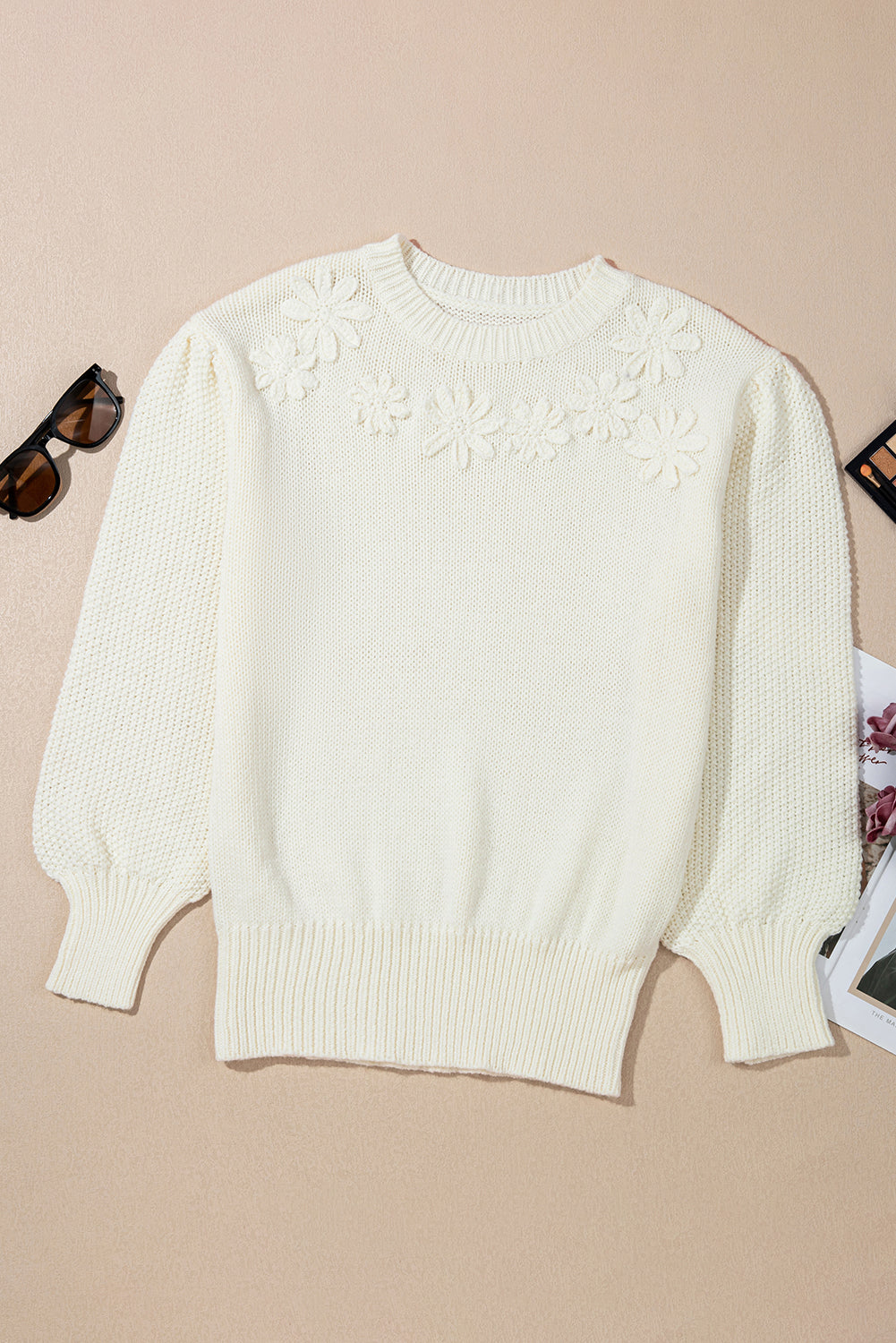 White Flower Detail Round Neck Contrast Textured Puff Sleeve Sweater