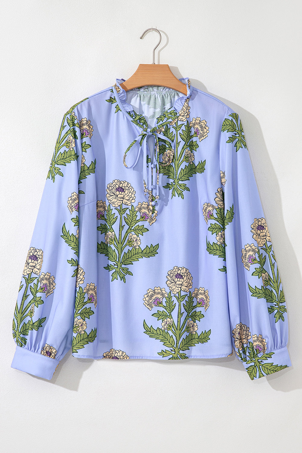 Sky Blue Floral Print Button Tie Neck Long Puff Sleeve Blouse