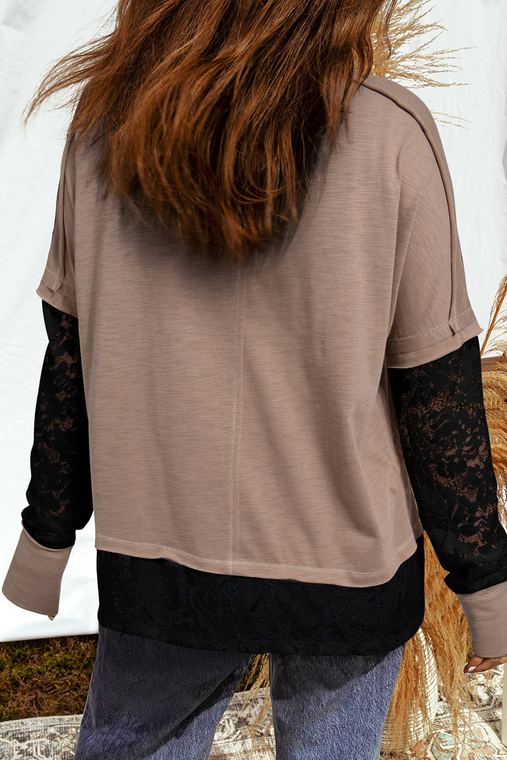 Light French Beige Sheer Lace Patchwork Casual Long Sleeve Tee