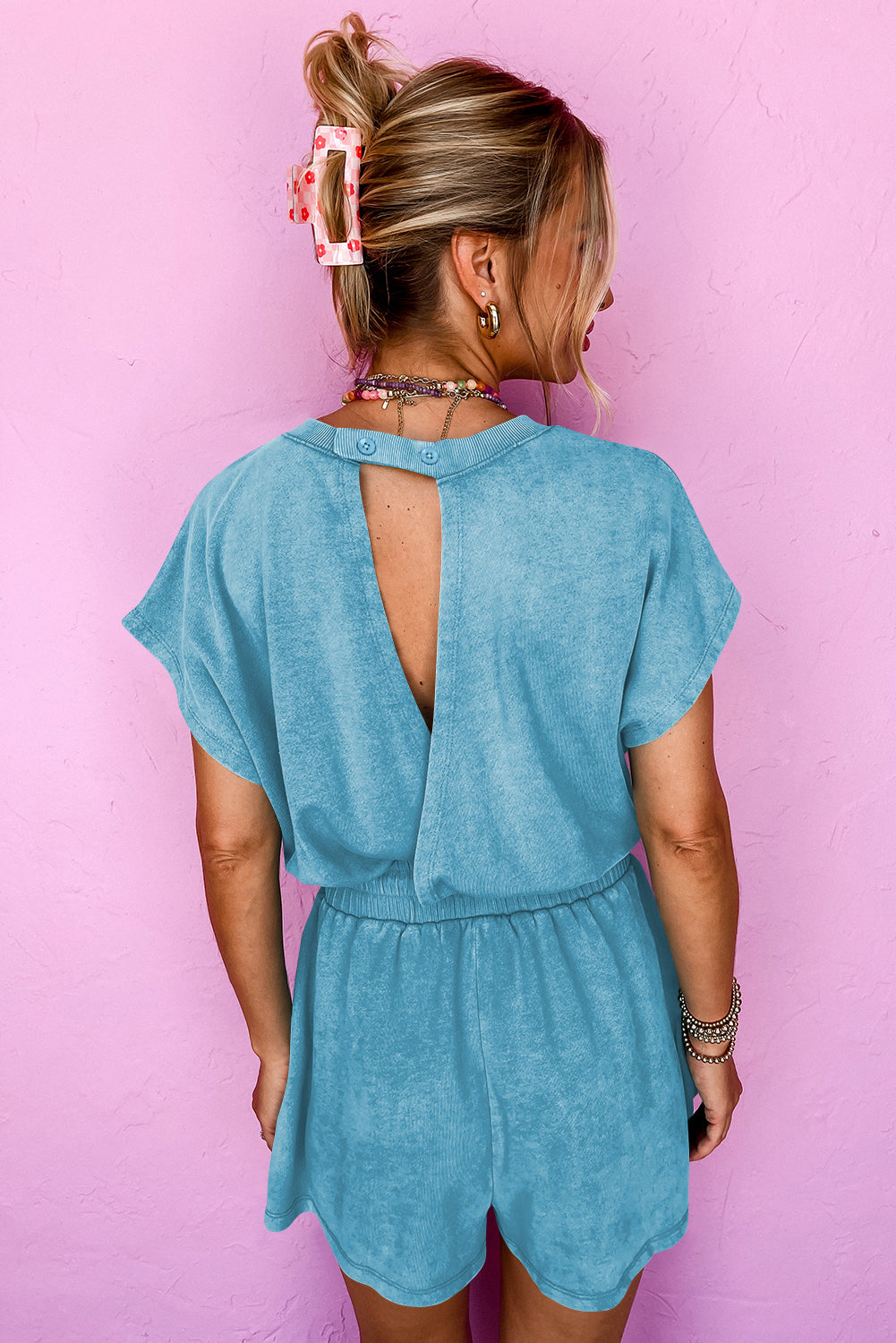 Mist Blue Mineral Wash Drawstring Elastic Waistband Hollow Out Back Short Sleeve Romper