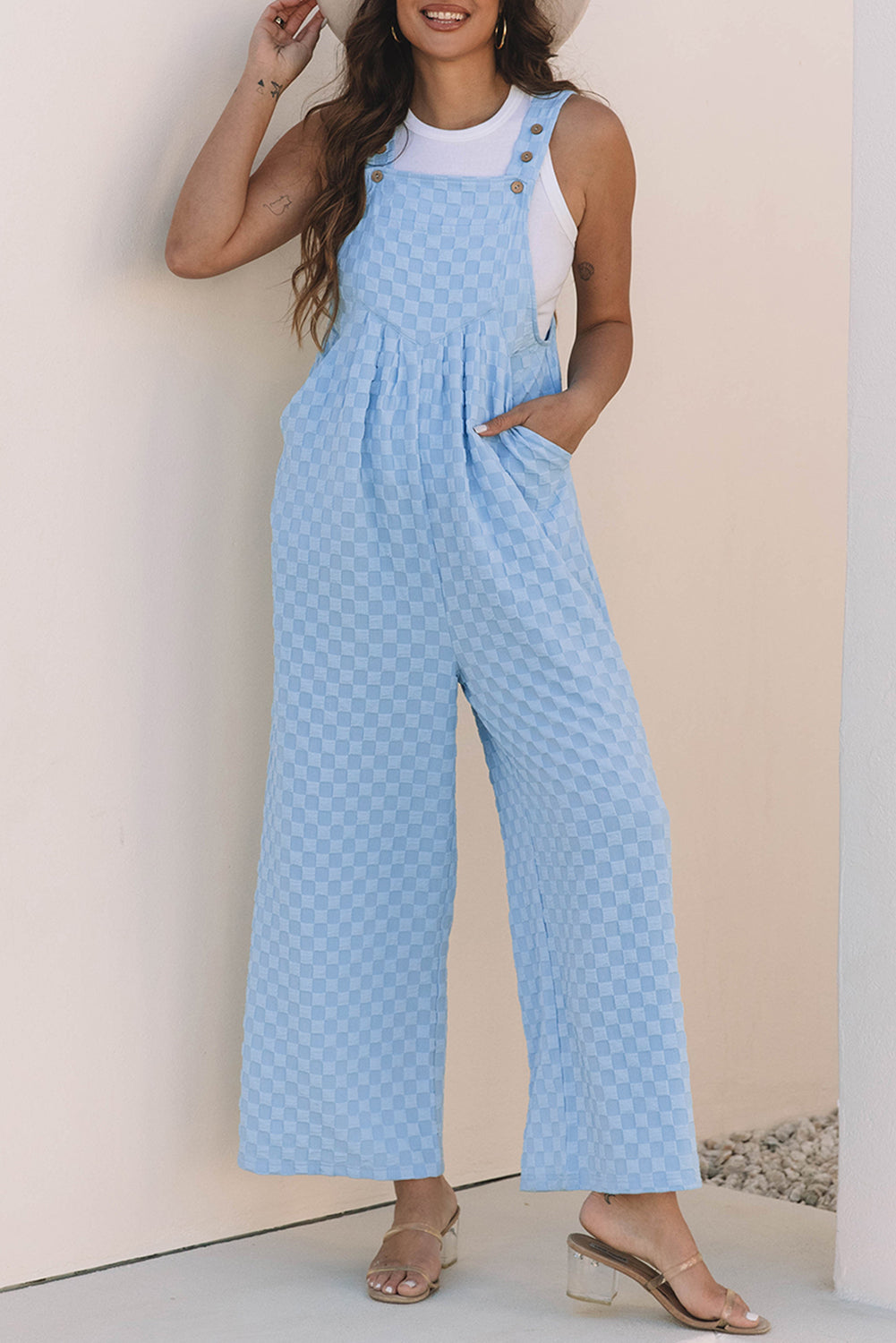 Beau Blue Checkered Pocketed High Waist Wide Leg Overall
