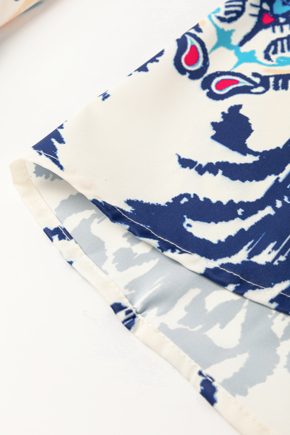 Blue Ethnic Print Striped Split Neck Long Sleeve Flowy Mini Dress