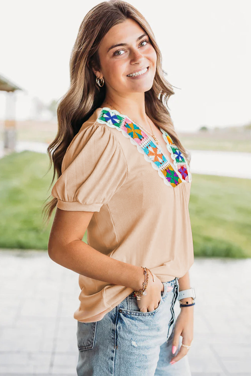 Pale Chestnut Crochet Floral V Neck Textured Short Sleeve Blouse