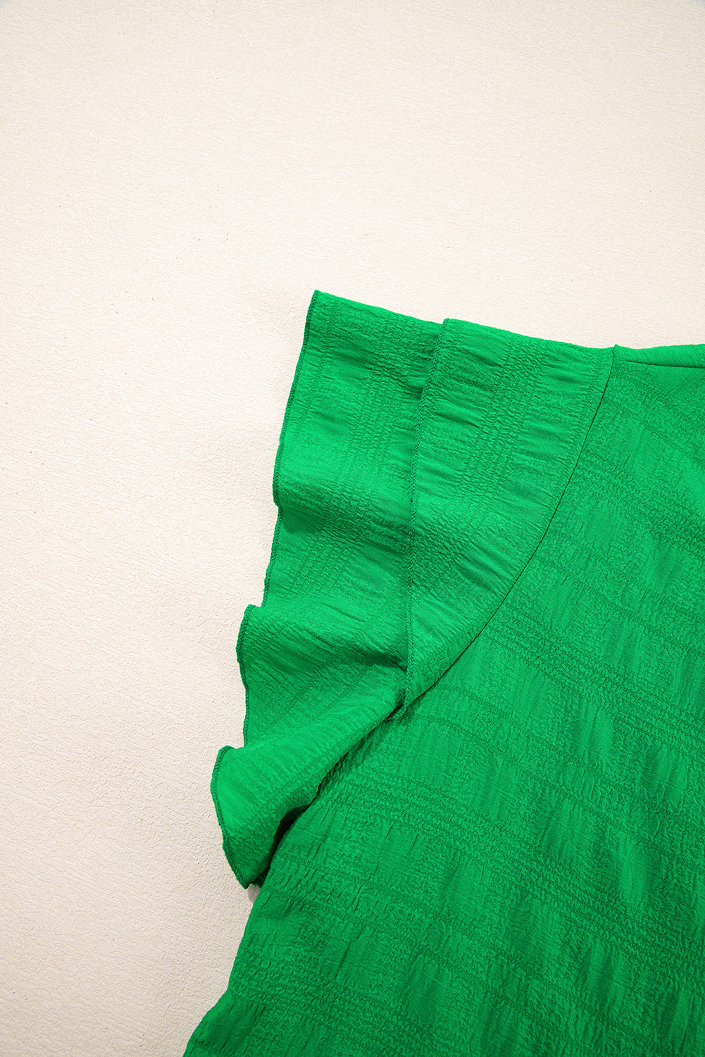 Dark Green Textured Ruffled Sleeve Round Neck Top