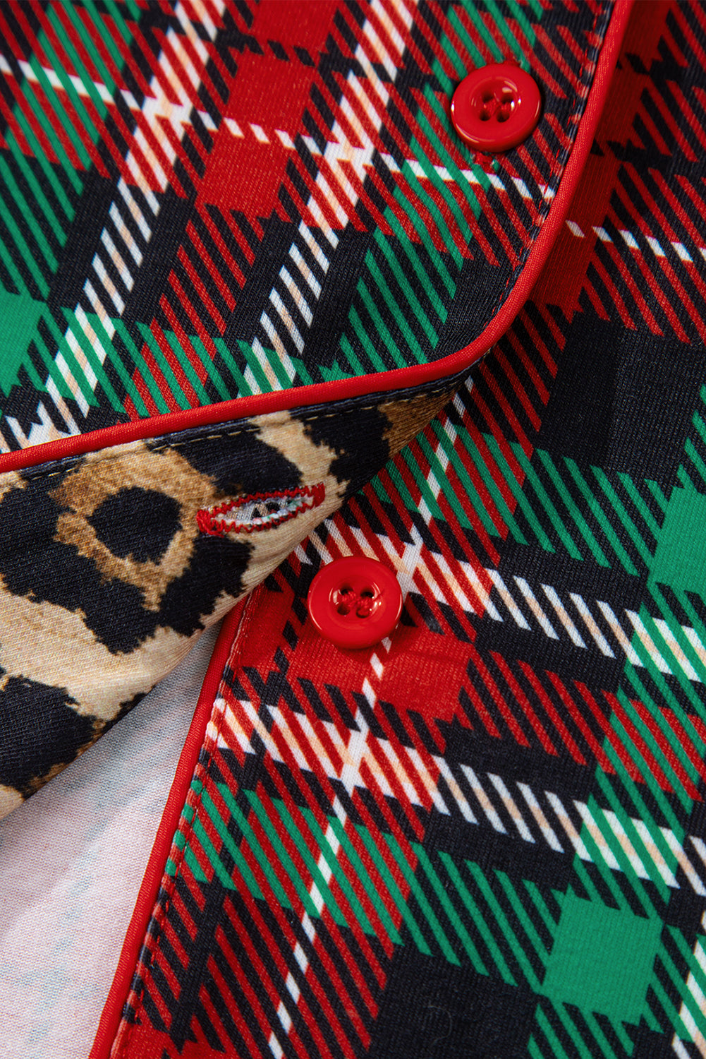 Racing Red Retro Plaid Leopard Print Patchwork Long Sleeve Shorts Pajama Set