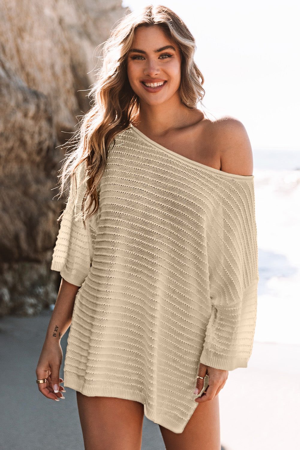 Apricot Textured Knit Drop Shoulder Short Sleeve Sweater