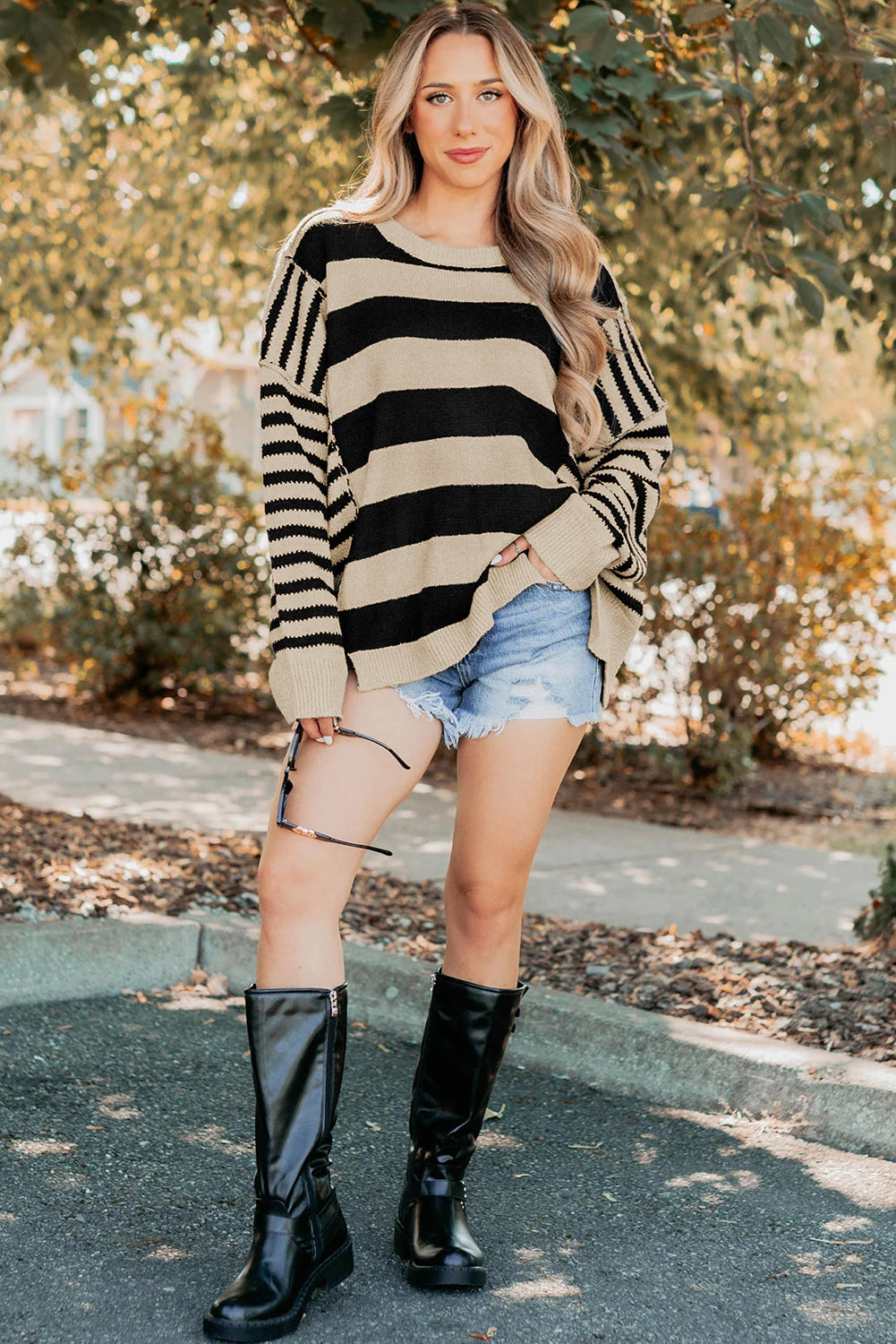 Black Stripe Drop Shoulder Sleeve Patchwork Baggy Sweater