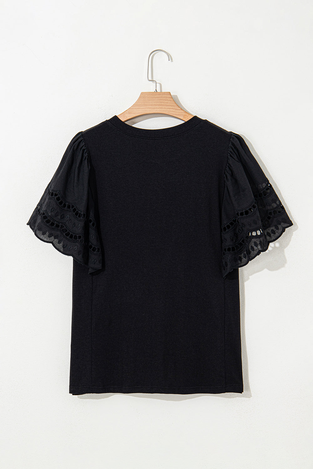 Black Hollow Out Embroidered Short Sleeve O Neck Top