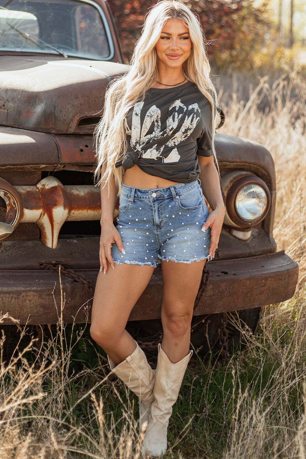 Dusk Blue Pearl Beaded Raw Hem Medium Wash Denim Shorts