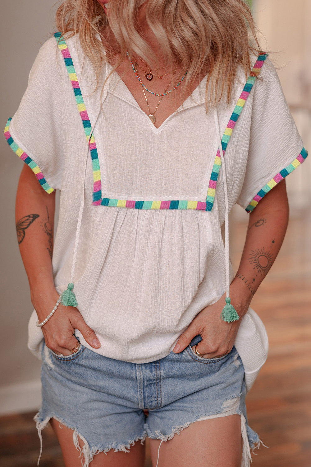 White Colorful Fringed Detail Tassel Tie Neck Short Sleeve Blouse