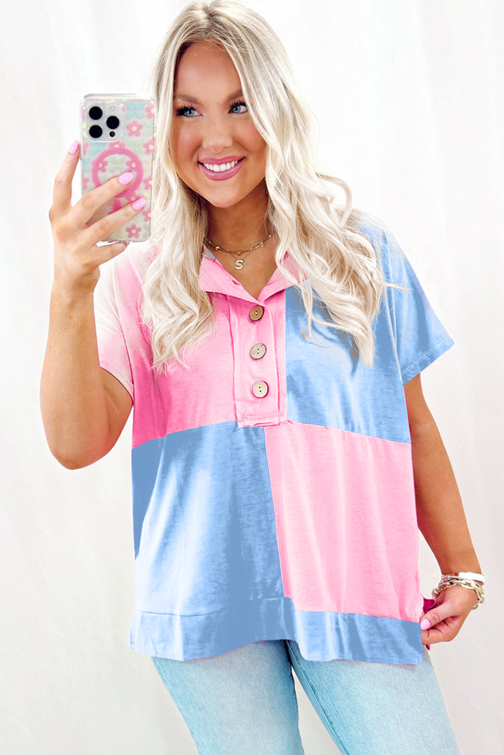 Pink Two Tone Half Buttons Collared T Shirt