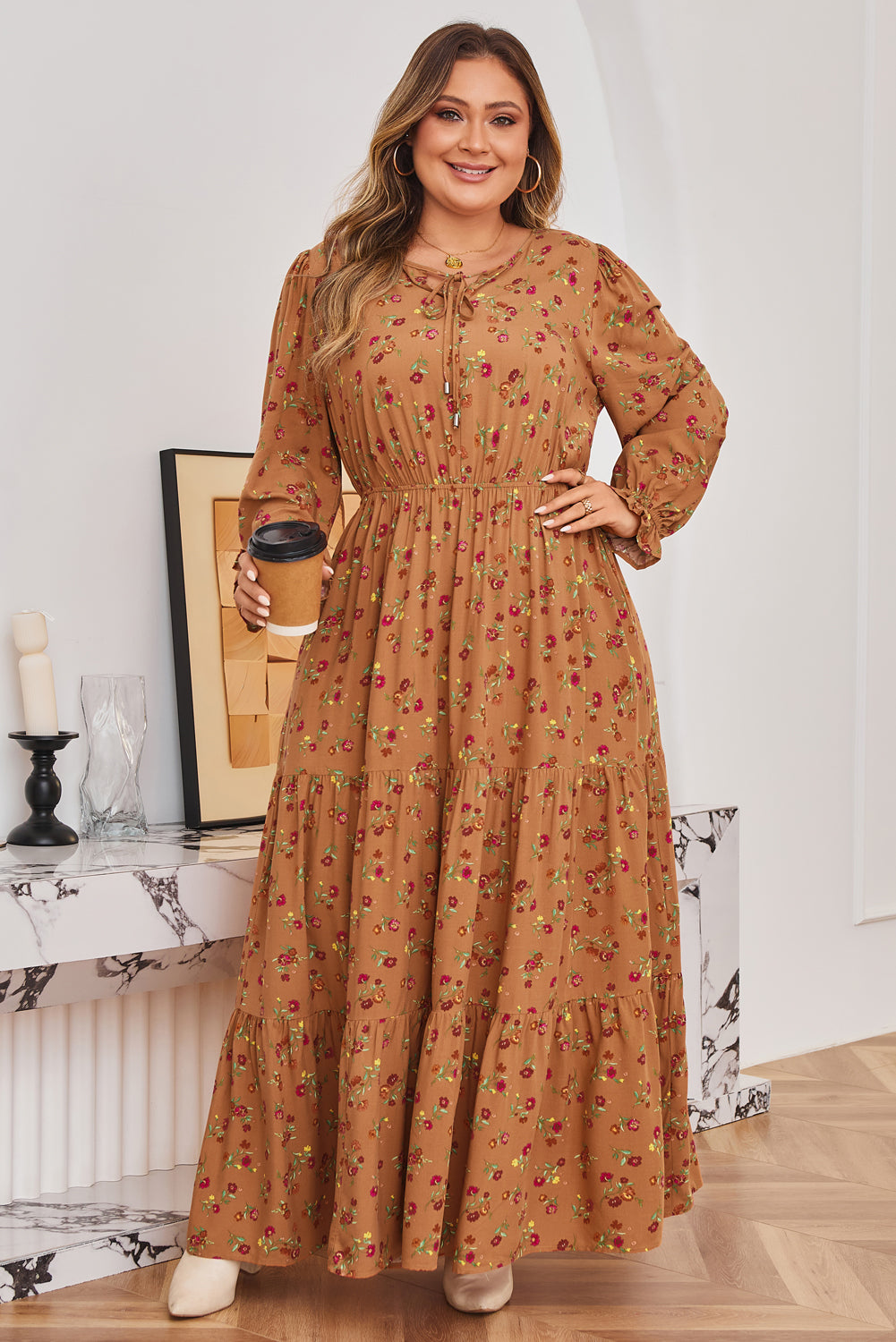 Brown Plus Size Floral Split V Neck Ruffled Sleeve Tiered Maxi Dress