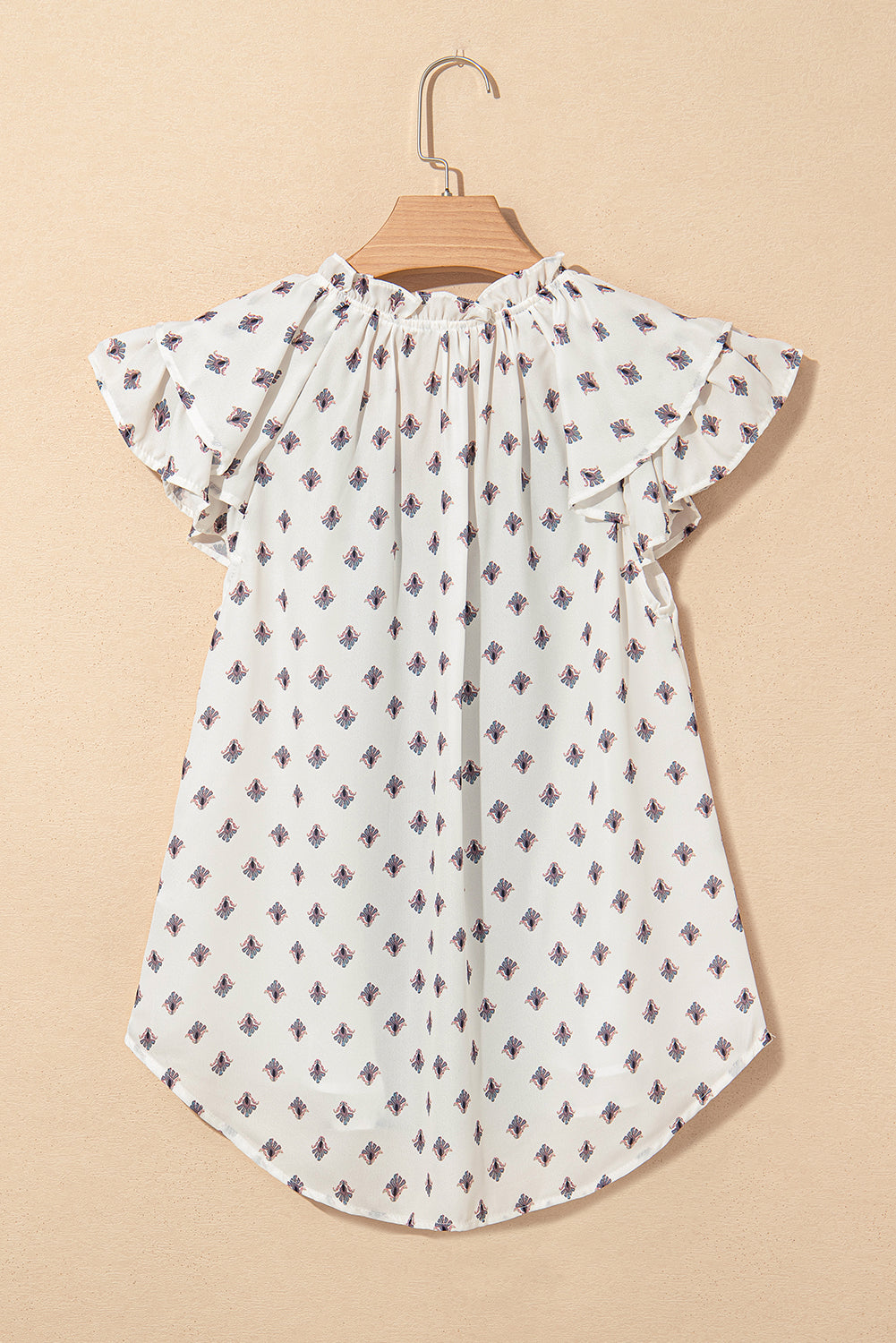 White Boho Pattern Tiered Ruffled Sleeve V Neck Buttoned Blouse