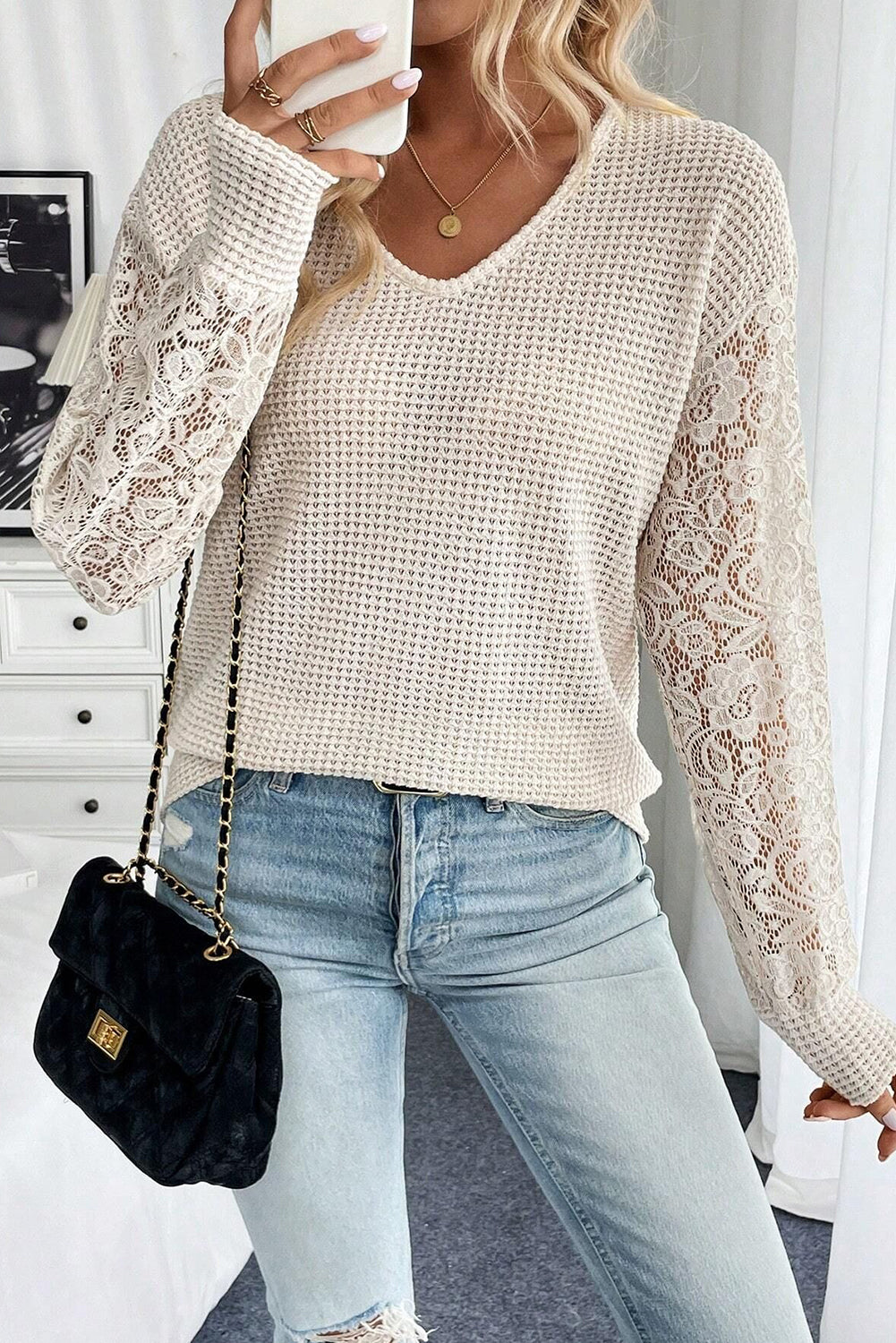 Beige V Neck Breathable Knit Drop Shoulder Lace Sleeve Patchwork Top
