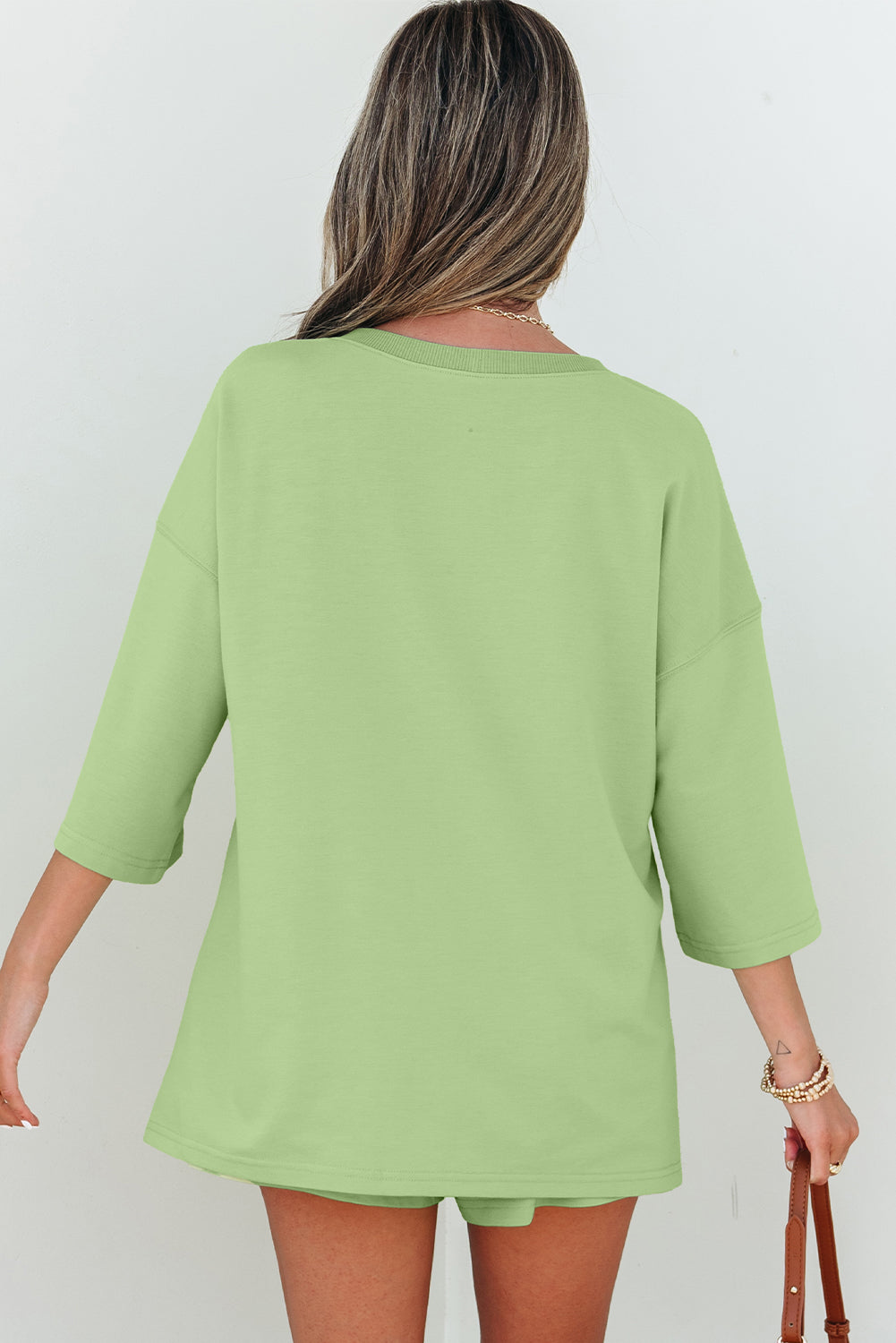 Meadow Mist Green Solid Loose V Neck Half Sleeve Tee and Shorts