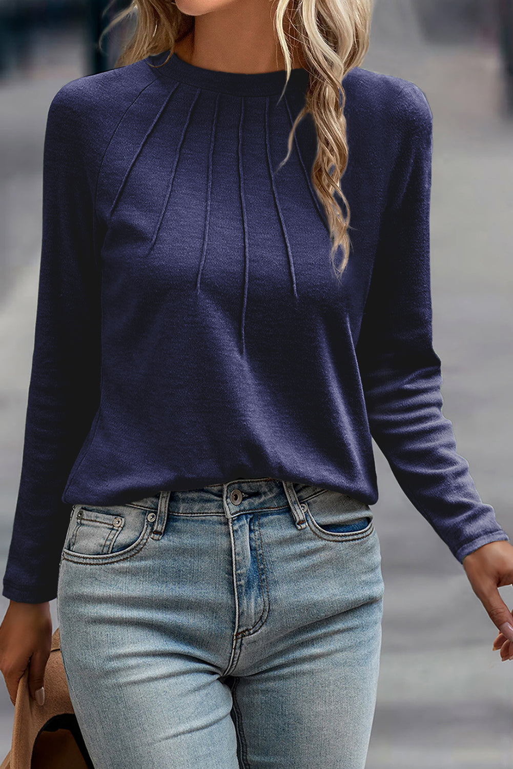 Navy Blue Solid Color Seam Detail Raglan Long Sleeve Top