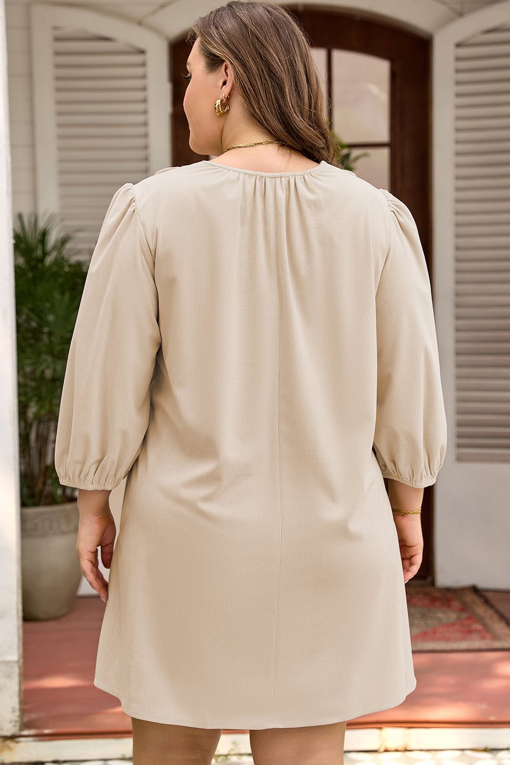 Parchment Notched Neck Scallop Detail Plus Size Mini Dress