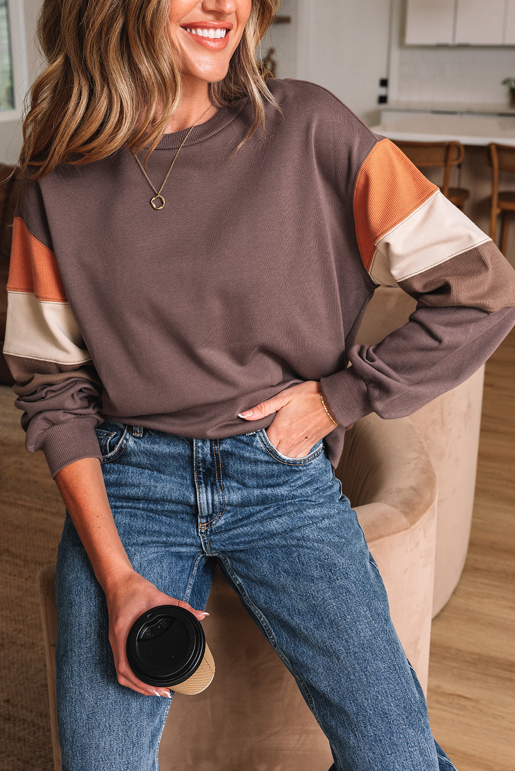 Dark Khaki Color Block Drop Shoulder Pullover Casual Sweatshirt